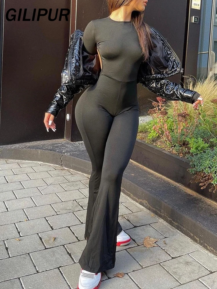 Женский комбинезон с открытой спиной черный повседневный длинным рукавом