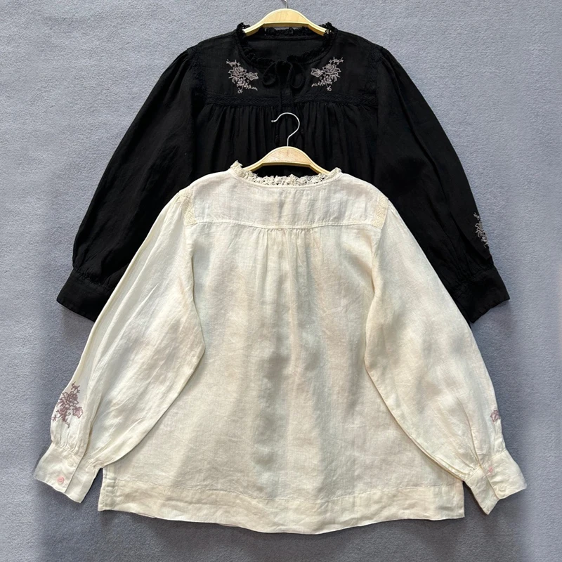 Женская льняная блузка на шнуровке Johnature Повседневная Свободная Простая рубашка