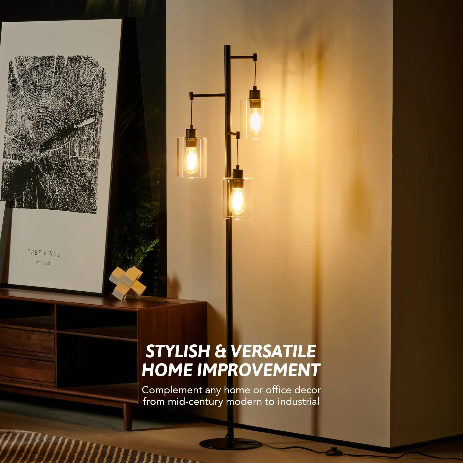 

64in Tall Floor Lamp for Living Room Reading Light with Glass Shades, Black