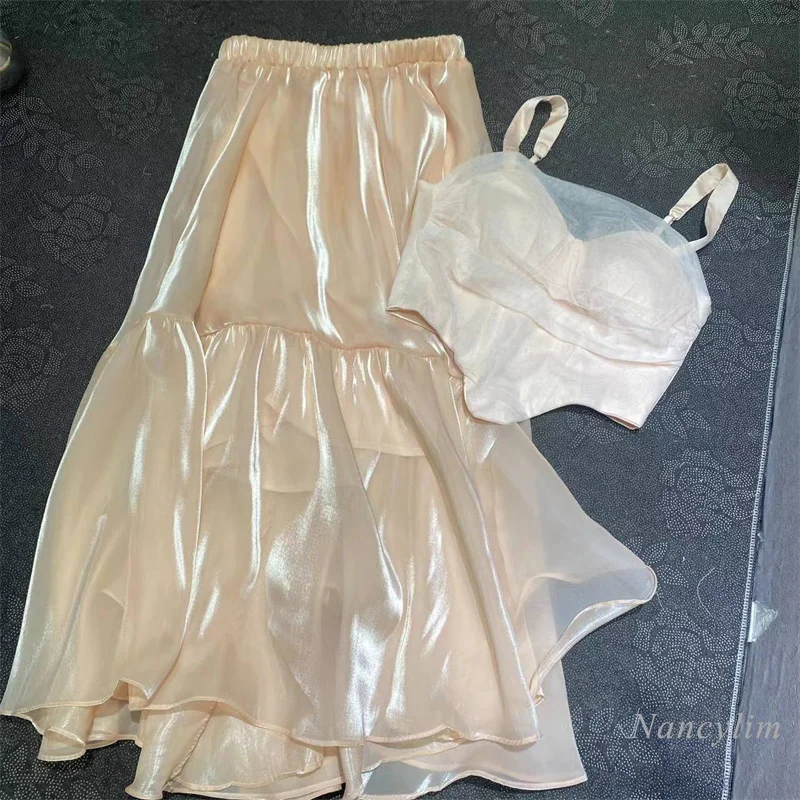 

2022 Summer Elastic Waist Chiffon Pleated High Waist Pleated Skirt Fishbone Sweet Camis Female Clothes Outfits