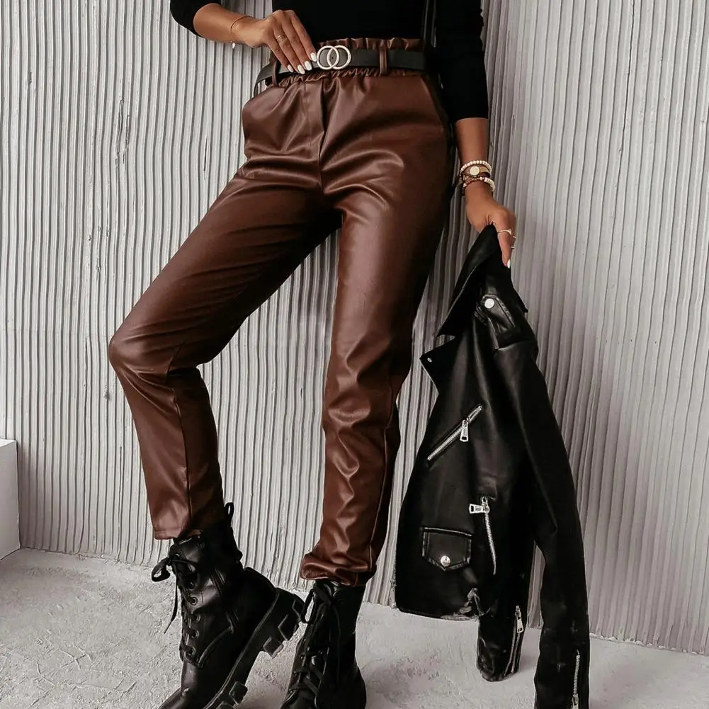 

Winter Mid-rise Fleece Lining Faux PU Leather Pencil Pants Elastic Waistband Pockets Solid Color Windproof Women Pants Pantalon