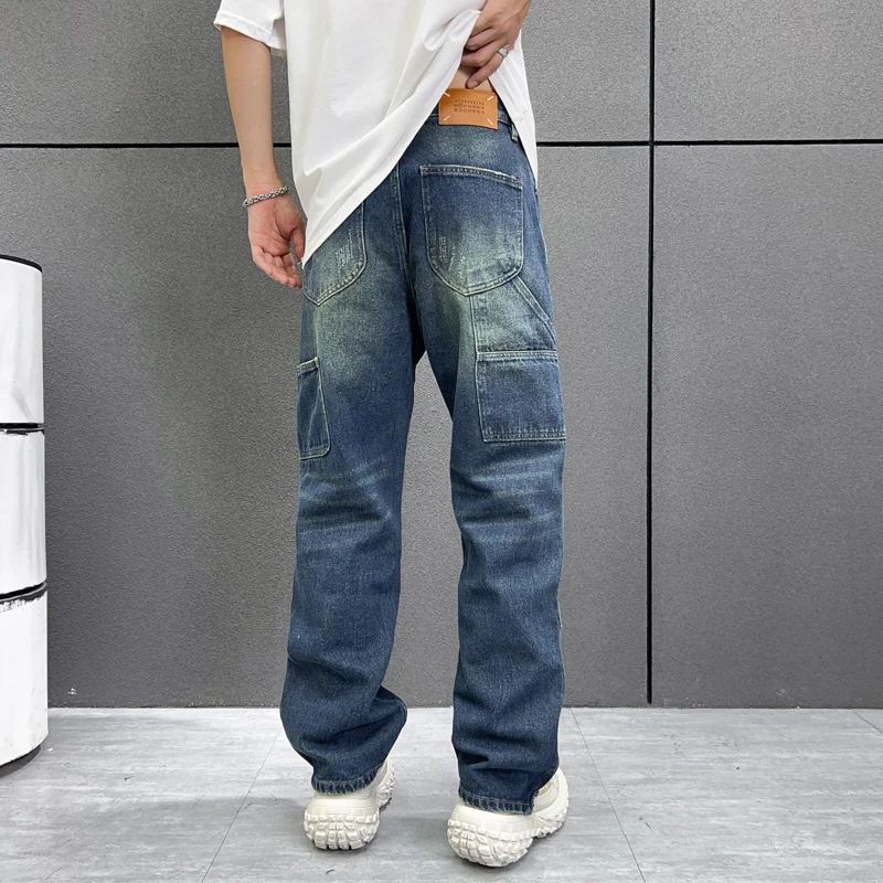 Мужские прямые джинсовые брюки с дырками в стиле ретро