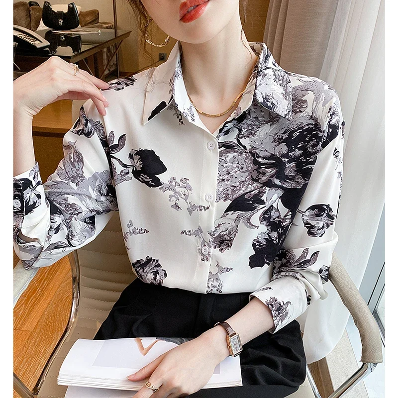 

Fashion Woman Blouse 2023 Vintage Printed Shirt Office Lady Turn Down Collar Print Lapel Tops Fashion Long Sleeve Blouse Casual
