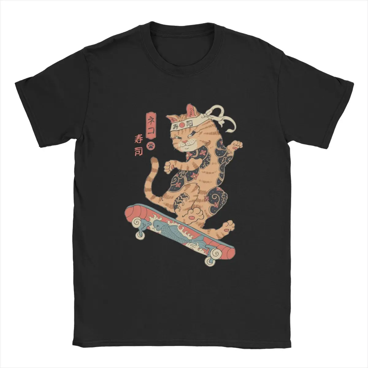 

Men's T-Shirt Skateboard Japanese Style Cat Anime Samurai Pure Cotton Tees Japan Sushi T Shirts Round Neck Clothing Gift Idea
