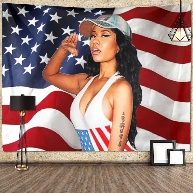 

Nicki Minaj Rap, привлекательный рисунок с американским флагом, большой тканевый Подвесной Настенный Гобелен для гостиной, спальни, домашний декор, искусственная ткань