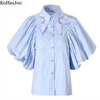 kohuijoo vintage lantern sleeve blouse women folds diamond peaked collar fashion ladies blouses formal loose tops white blue