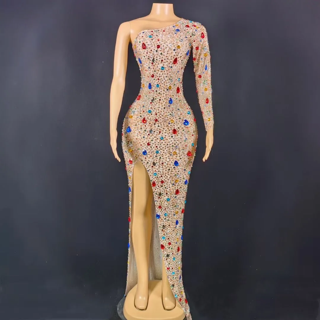 

2023 New Women Design Colorful Diamond Diagonal Shoulder Single Sleeve Stretch Tight Long Dress Elegant Banquet Party Dress