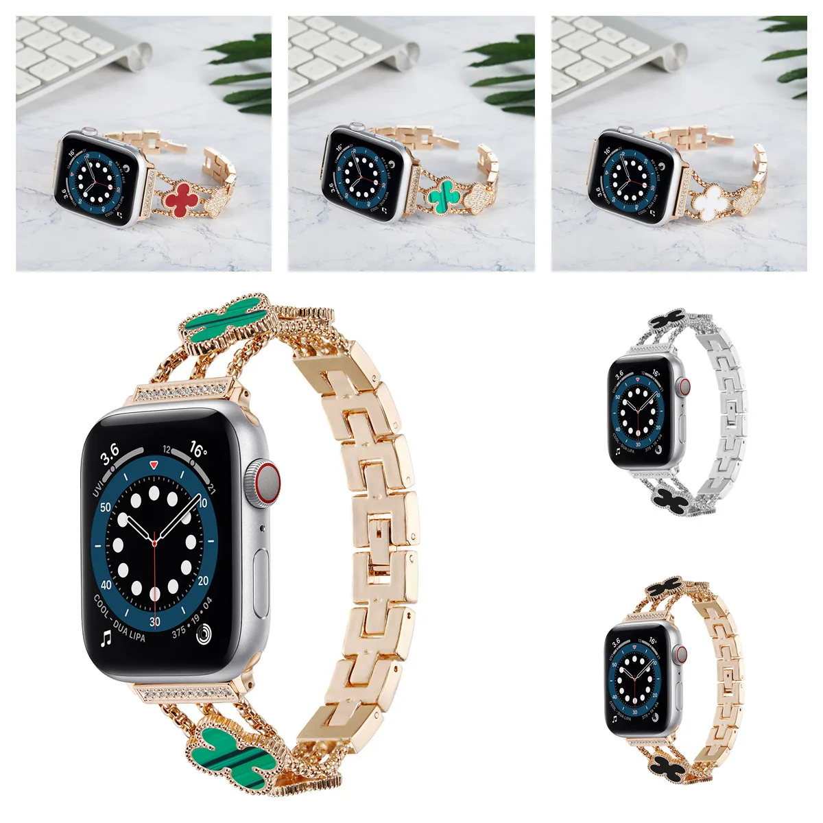 

Four-leaf clover Band For Apple Watch Series 7 6 5 4 3 SE Sport Band Leather Strap for Apple iWatch Wrist Closure 38mm 40mm 41mm