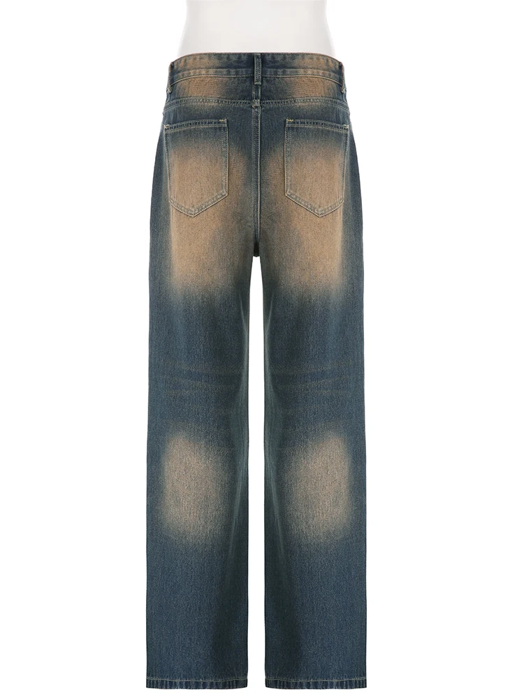 WeiYao Washed Vintage Blue Casual Low Waist Straight Leg Jeans Women Y2K Streetwear Korean Fashion Casual Denim Cargo Pants