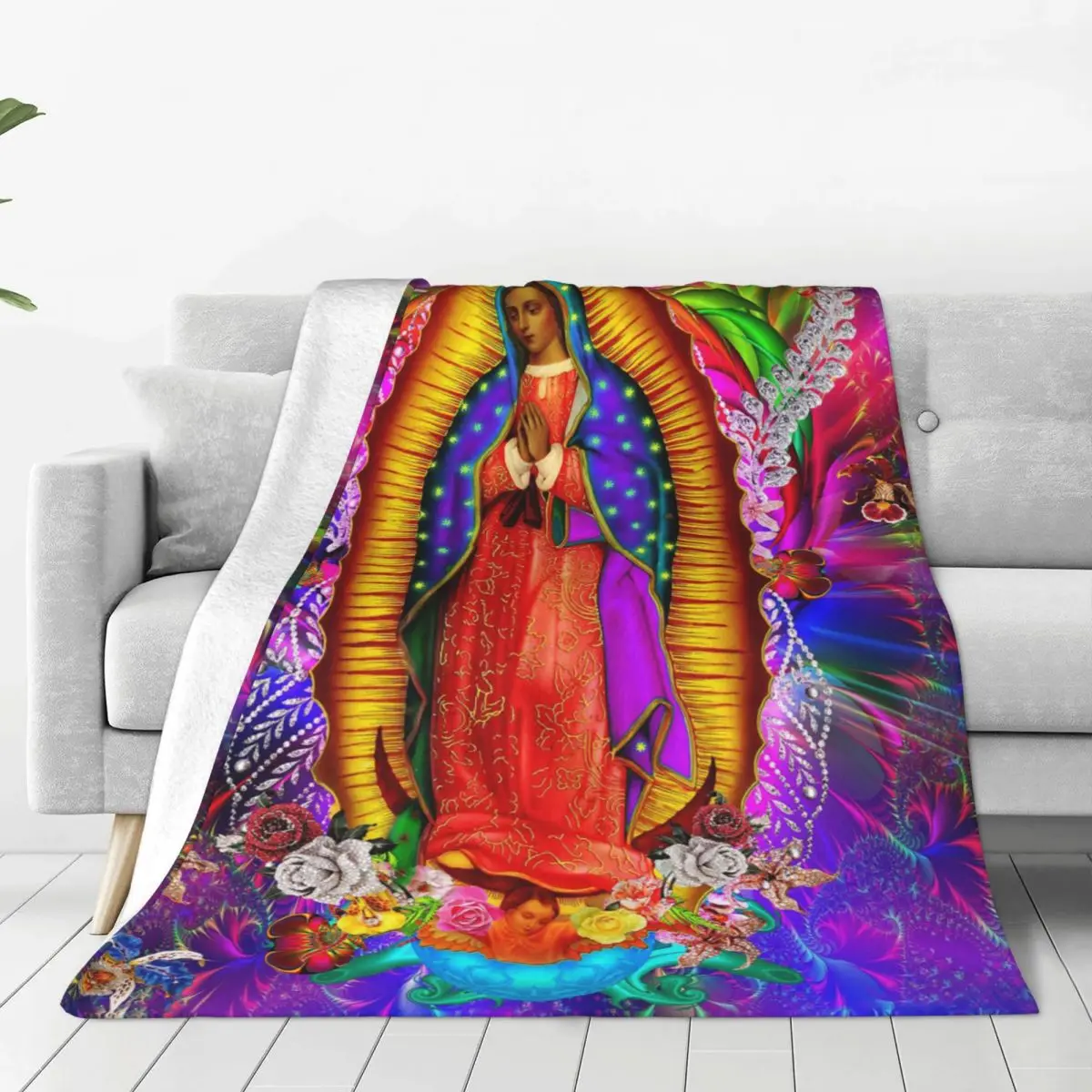 

Virgin Mary Jesus Christian Knitted Blanket Fleece Our Lady of Guadalupe Mexican Throw Blankets for Home Couch Bedroom Quilt