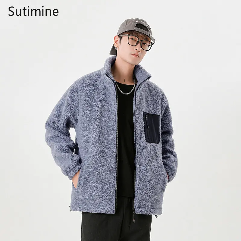 Men Clothing Daily Stand Collar Winter Korean Fashion Lamb Fleece Cotton Coat Cashmere Coat Fleece Fleece Zipper Winter Coat Men