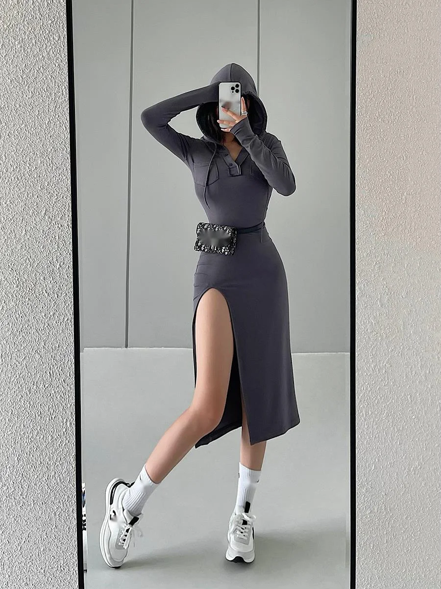 

Sweet Sexy Tight Slim Drawstring Hooded Split Long Sleeve Mid Length Hip Slim Dress Korean Women Dresses Robe Sweet B8LP