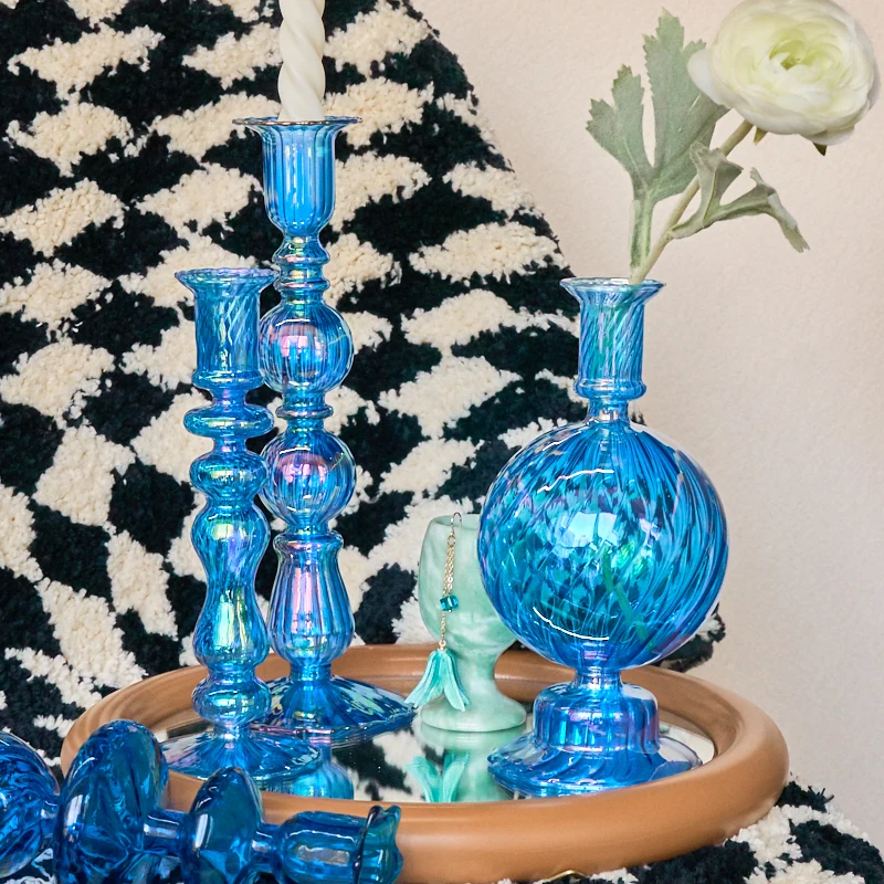 S Tall Candlesticks Decoration Party Blue Vase Home Decor Glass Candle Stand