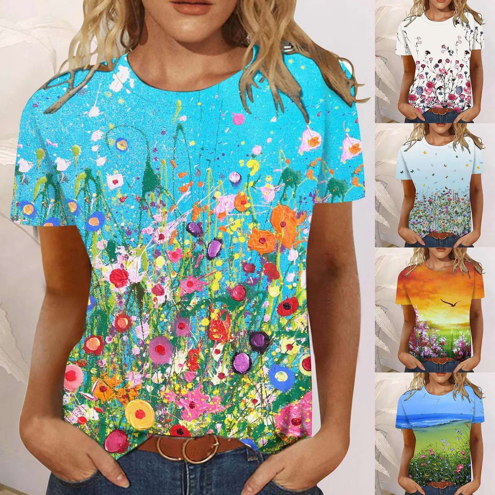 

Женские повседневные летние Топы, футболка с коротким рукавом и круглым вырезом с цветочным принтом, свободная туника с Боковым Разрезом, ж...