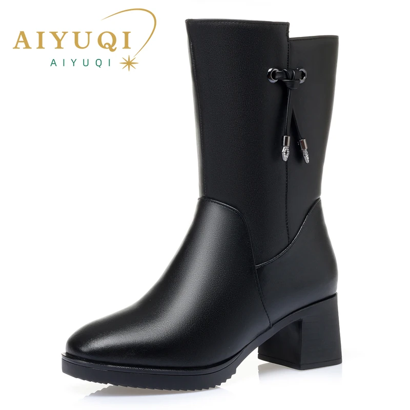 AIYUQI Women Winter Boots Warm 2023 New Wool Fashion Dress Ladies Half Boots Large Size Heel Non-slip Women Mid Boots