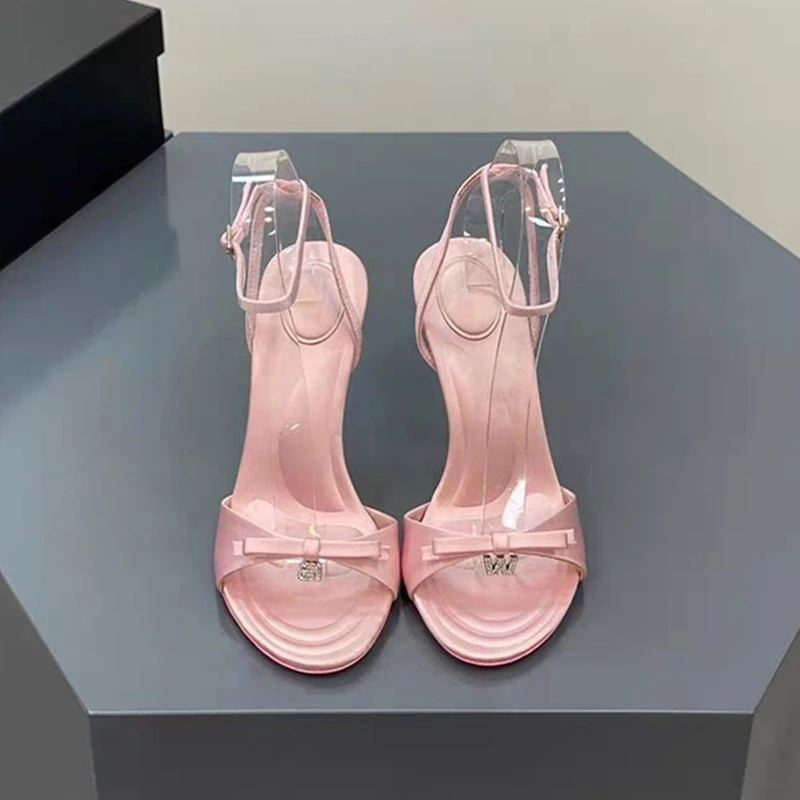 Summer New European and American Women's Bow Satin High Heels Rhinestone Letter Fashion Sandals
