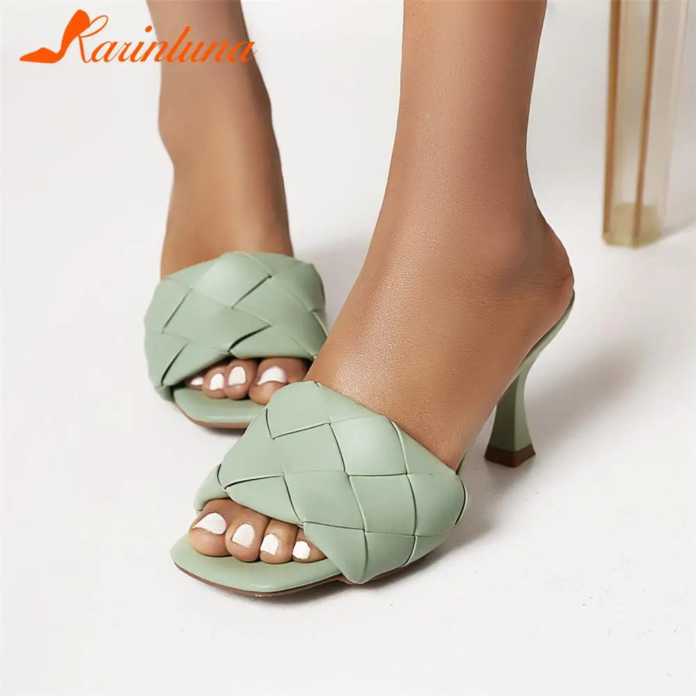 

Big Size 34-43 Brand New 2022 Strange Style Med Heels Shallows Weave Summer Women Slippers Sexy Party Club Lady Shoes Mules