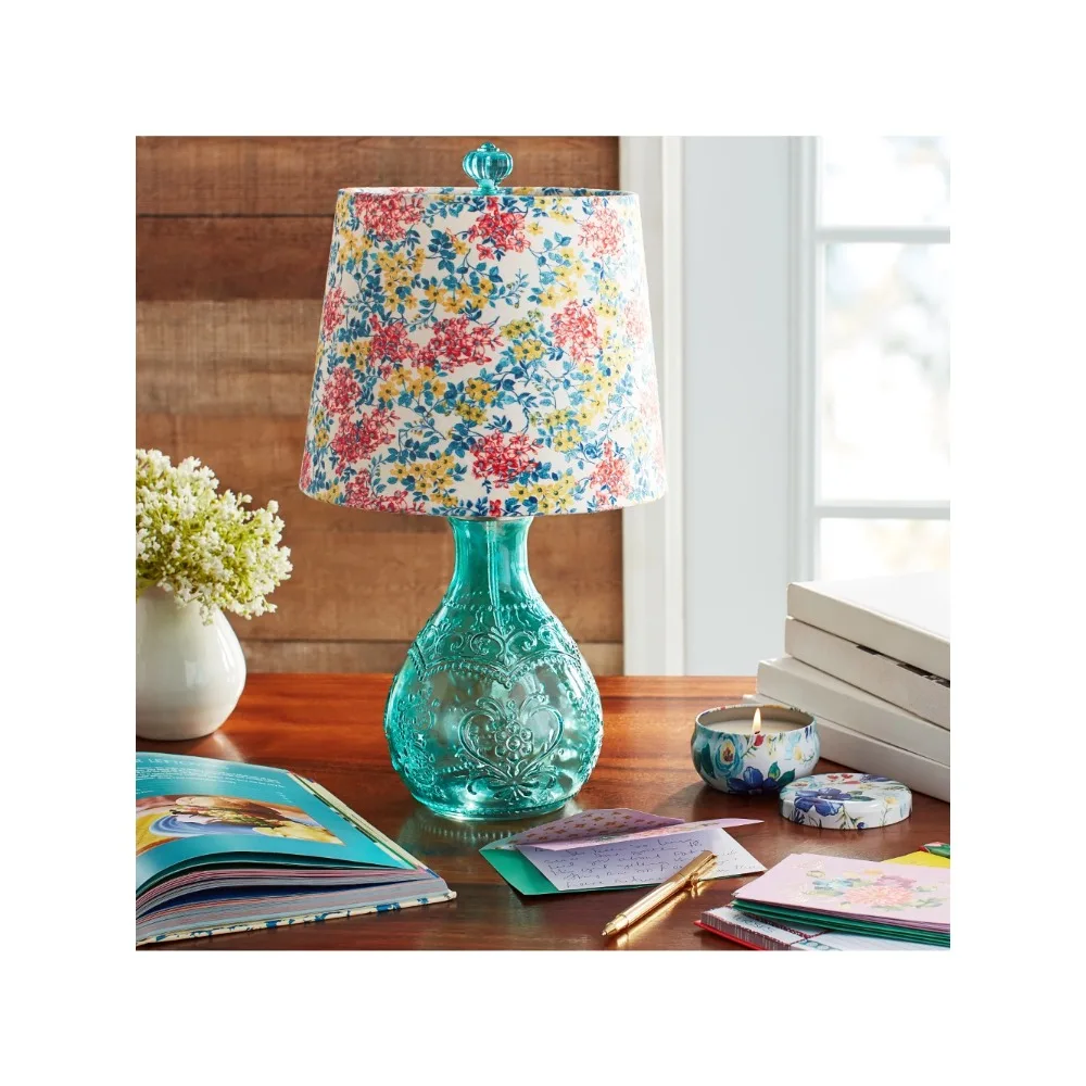 

Washy Ditsy Embossed Table Lamp with Pretty Posies Linen Shade and LED Bulb, Teal