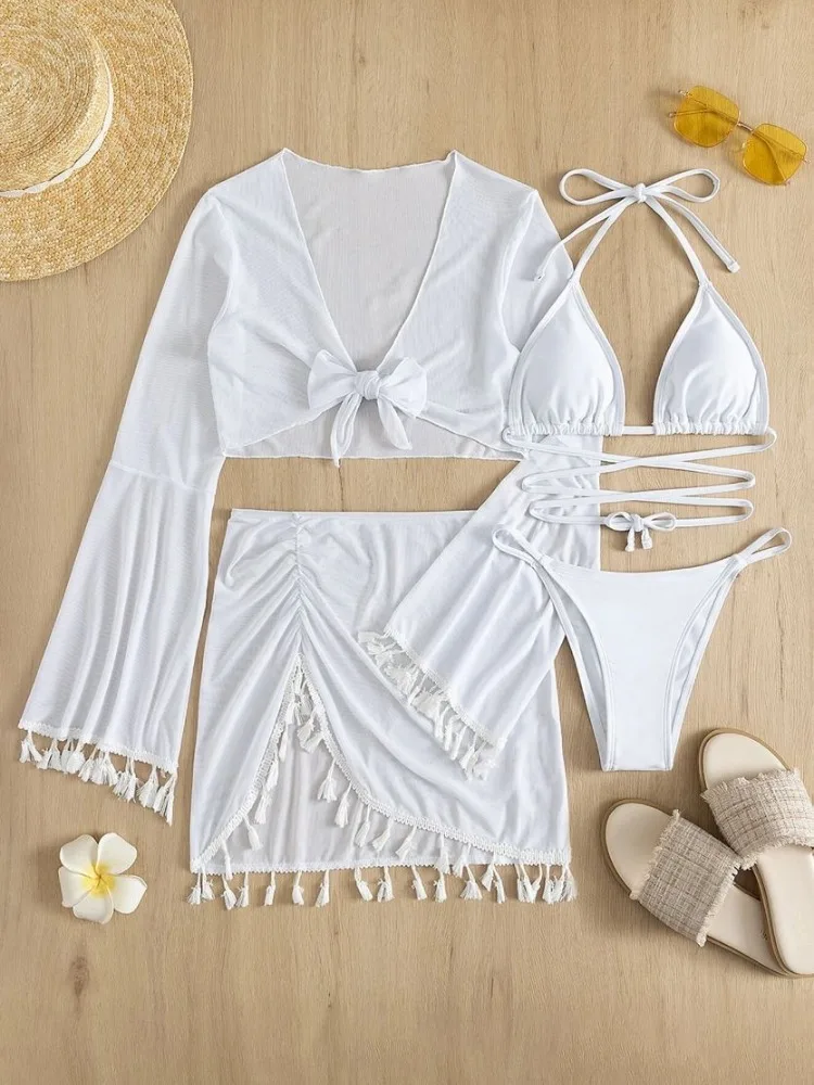 

2023 New Sexy 4 Piece Bikinis Set Women Swimsuit with Skirt Swimwear Female Black White Long Sleeve Bikini Tassel Bathing Suit