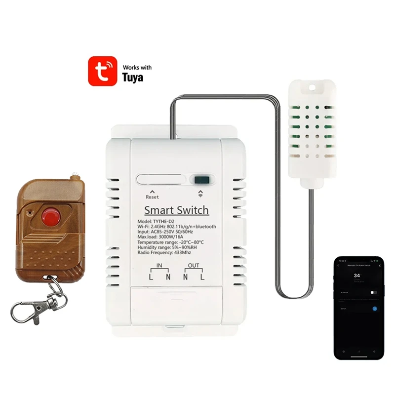 

Tuya Smart Wifi Switch+RF Remote 3000W 16A Wireless Temperature And Humidity Monitoring With Energy Consumption Monitor