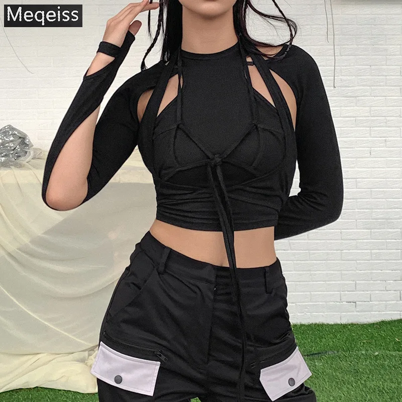 

Meqeiss Gothic hollow tshirt 2 pieces crop top summer black Punk bandage tassel top high streetwear party top cotton tees female
