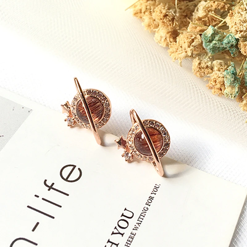 

Natural stone Stud Earrings Copper Rutilated Quartz Crystal Quartzs Rose Gold Color Fashion Planetary type Ear Jewlry for Women