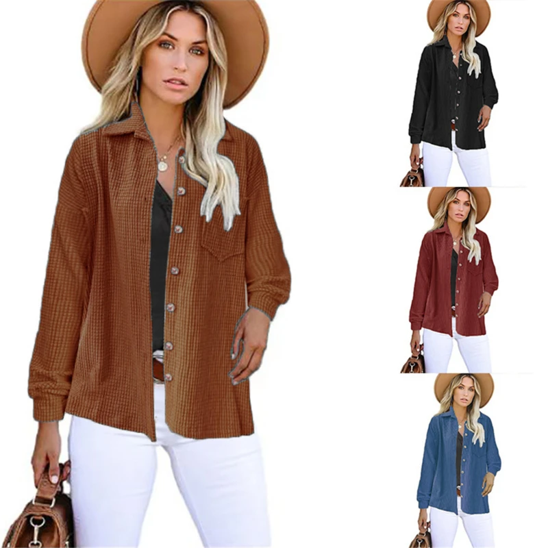

Leisure Lady Shirts Button Lapel Cardigan Top Lady Loose Long Sleeve Shirt Womens Blouses Autumn Solid Color All-Match Cardigan