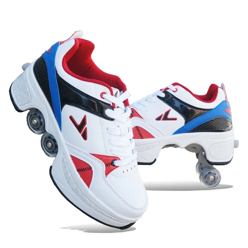 Pu Leather Kids Sport Roller Skate Shoes Casual Deformation Parkour Sneakers Skates With 4-Wheels For  Children  Running