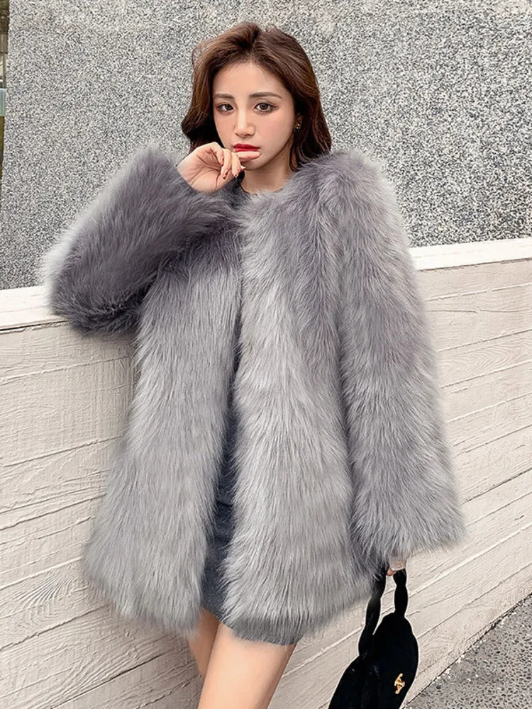 

Spring Winter Imitation Fur Coat Women Middle Aged Elegant Celebrities Fashion Round Neck Faux Fur Jacket Solid Warm Outwear