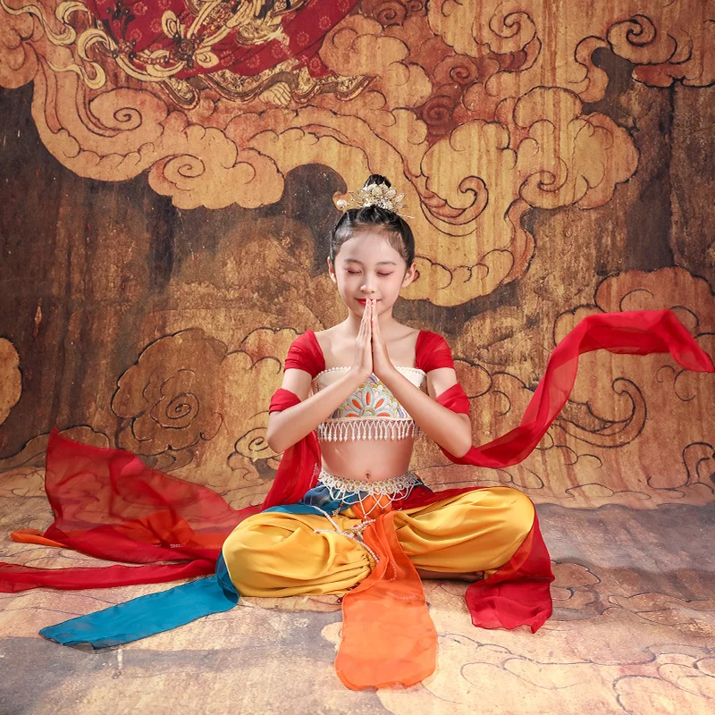 

Детский костюм ханьфу для девочек для китайских классических танцев, костюм для выступлений, топ + брюки + поясная цепочка + головной убор, танцевальный костюм, костюм LE444