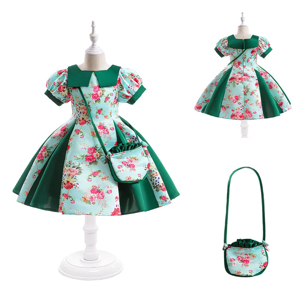 

Зеленое рождественское платье для девочек, Детский костюм, винтажное свадебное платье с цветочным принтом для дня рождения, выпускного вечера, детское платье принцессы для девочек