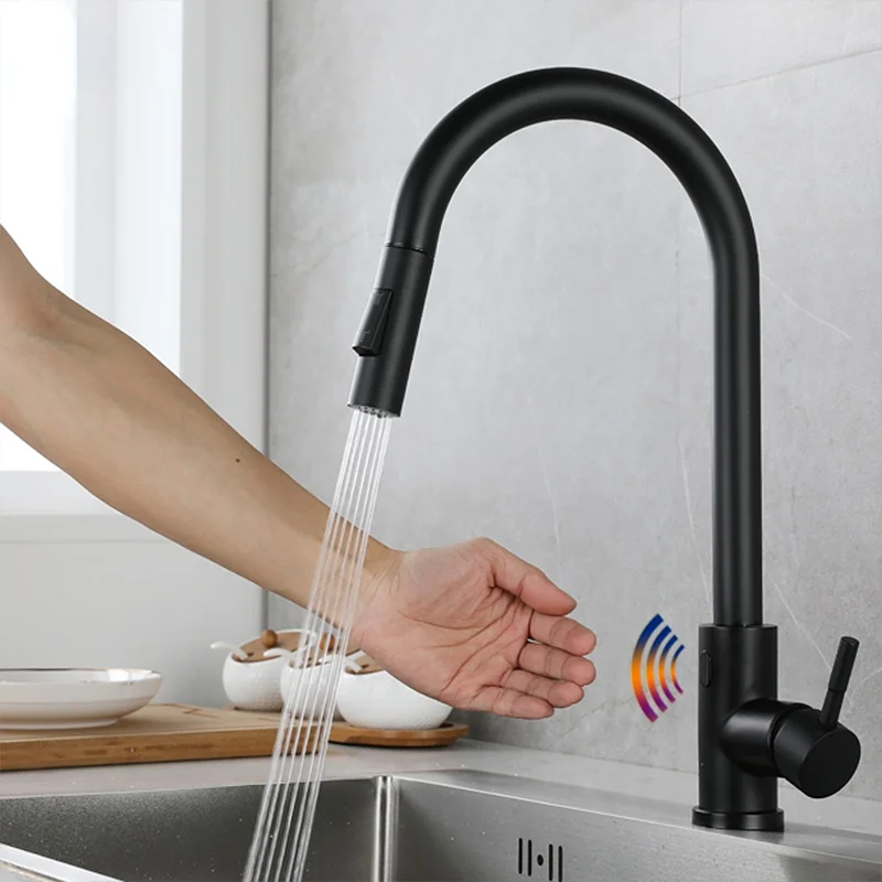 

Battery Powered Kitchen Faucet Infrared Induction Cold and Hot Pull Out Two Function Smart Deck Mounted Tap