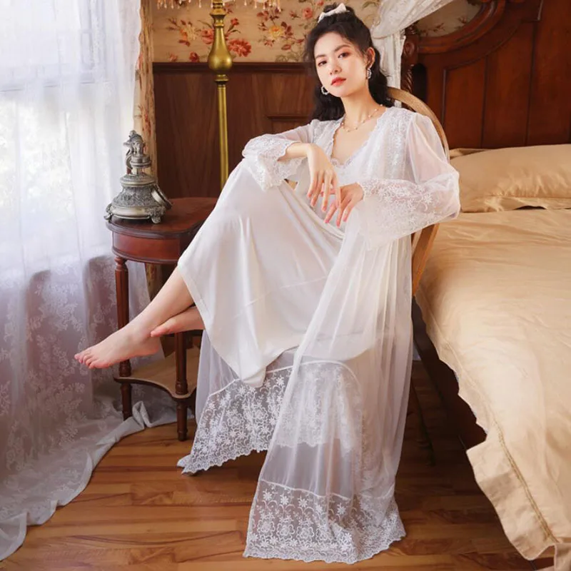Tulin Fashion Wedding Dress Ladies Pajamas Set Negligee Long Bathrobe Sets Female Cotton Princess Retro Mesh Home Wear White