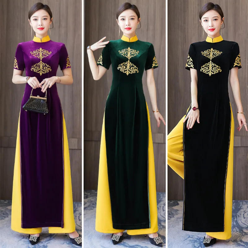 S-5XL Ao Dai Vietnam Improve Qipao Women Fashion Long Cheongsam Pants Set Slim Vintage Evening Dresses Chinese New Year Clothes