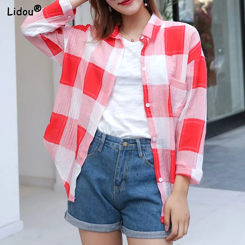 Turn-down Collar Comfortable Sports Button Plaid Blouses Three Quarter Sleeve Spring Summer Thin Loose Casual Women's Clothing