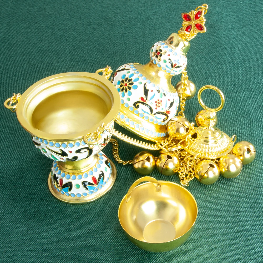 New Orthodox Church Incense Burner Religion Gift Gold Plated Colorful Enamel Long Chain With Bell Home Decorative