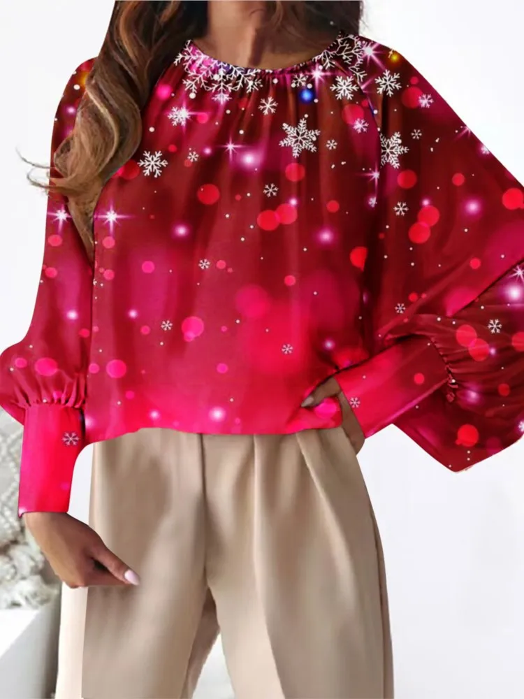 

Модные Повседневные Блузки, женская рубашка с длинным рукавом и круглым вырезом, Рождественская рубашка с принтом снежинок, женские элегантные офисные рубашки