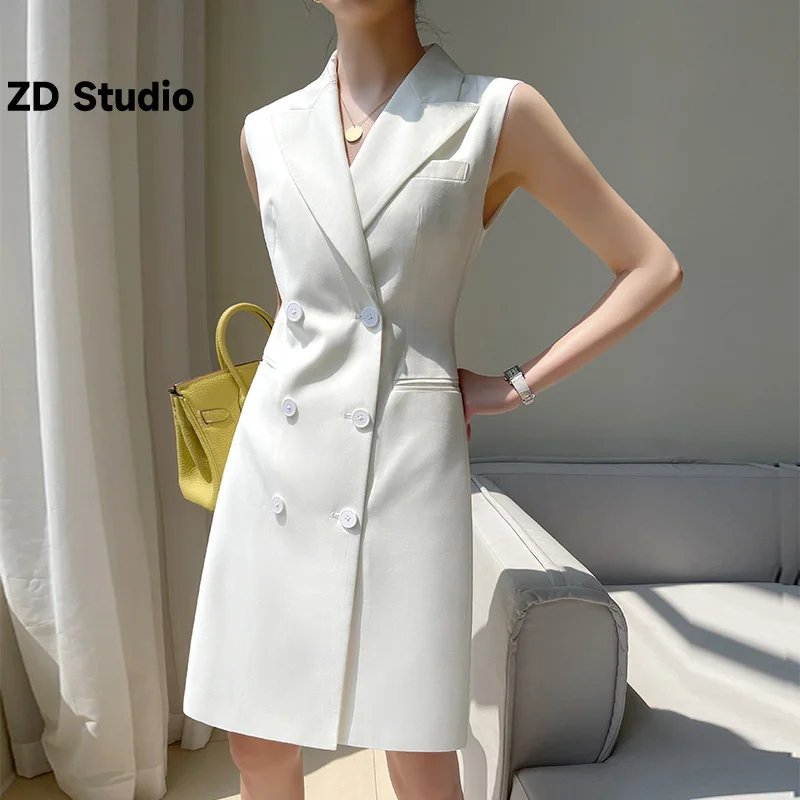 

[ZD Studio] Elegant High End Dress For Women Double Breasted High Waist A-line Dresses Designer Tide Clothing 2023 New