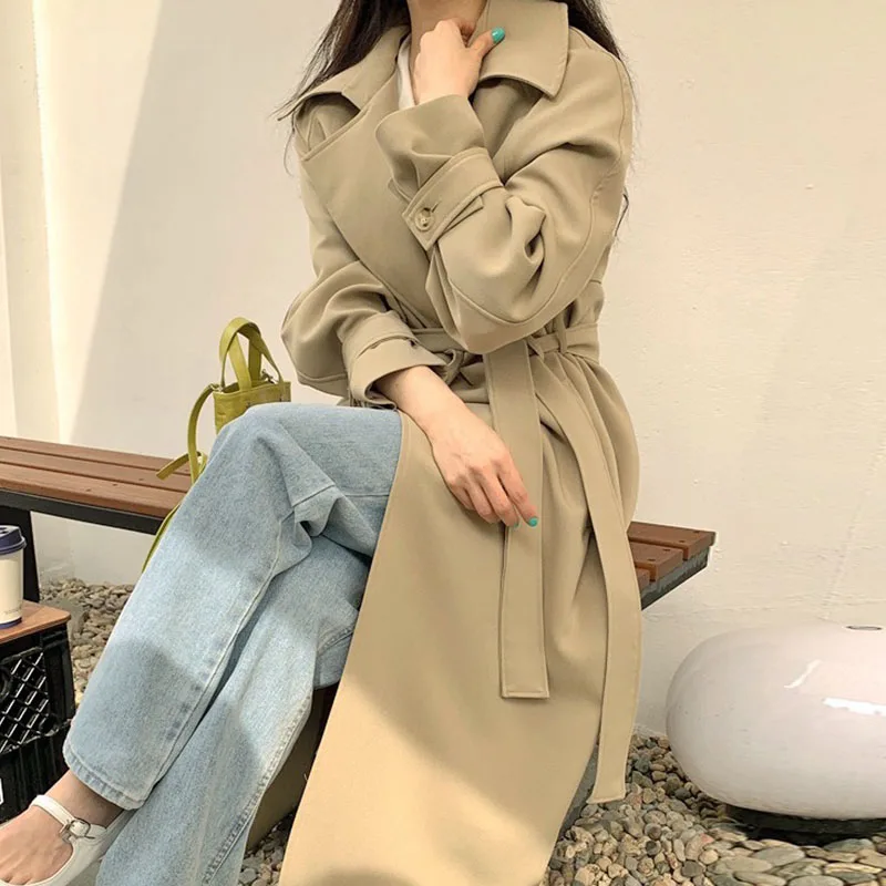 

2022 Autumn New Women's Retro British Style Suits, Tie, Waist and Rear Split Design, Temperament, Mid-length Trench Coat