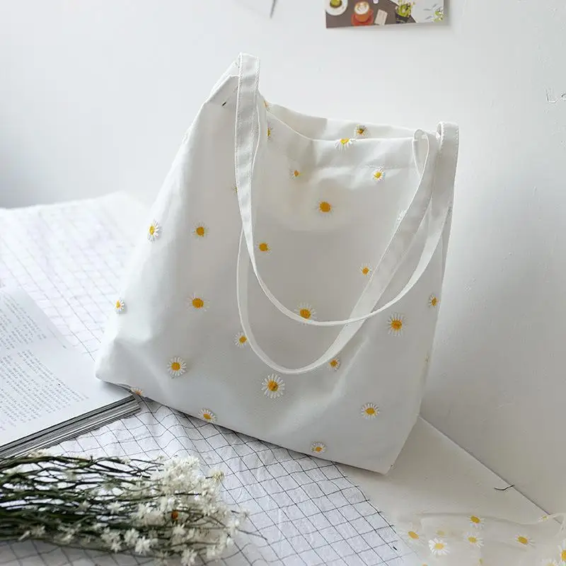 

Mini Shoulder Bags for Women's Female Shopper Bag Niche Designers Handbag Cute Embroidery Bag with Daisies Small Canvas Tote Bag