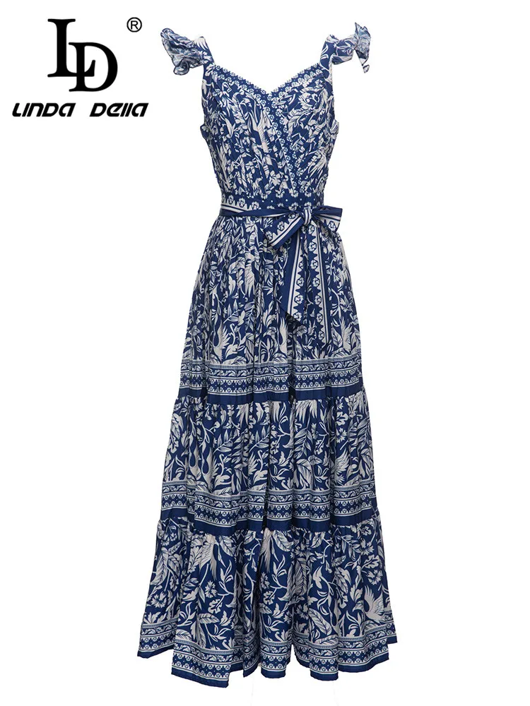 

LD LINDA DELLA Summer Designer Vintage Dress Women's Blue-White Ruffle Sleeve Print Cascading Splice Travel Long Dress