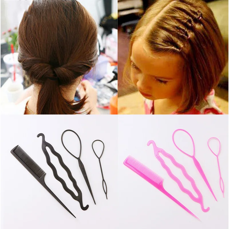 

4pcs/set French Braid Tool Hair Styling Loop Elastic Hair Bands Remover Cutter Rat Tail Comb Metal Pin Tail Braiding Combs