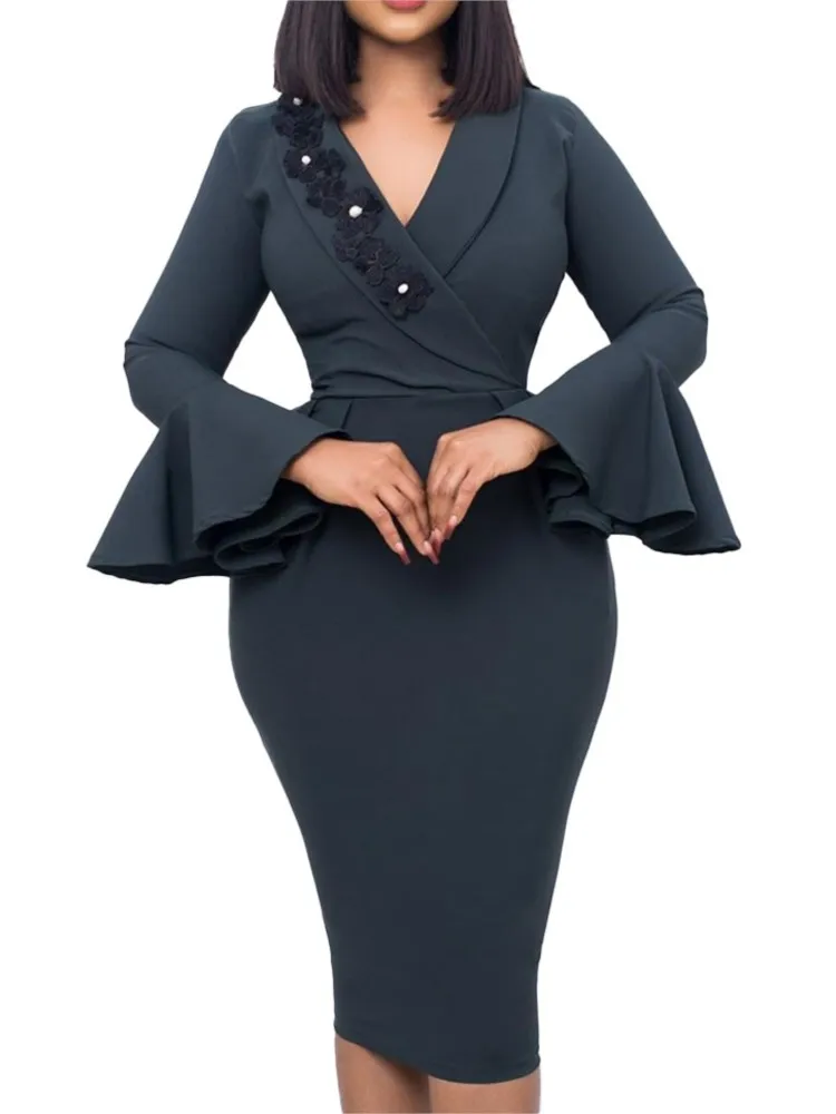 

African Pencil Dress Women Flare Sleeve V Neck High Waist Ropa Mujer Autumn New Fashion Elegant Office Lady African Dresses 2022