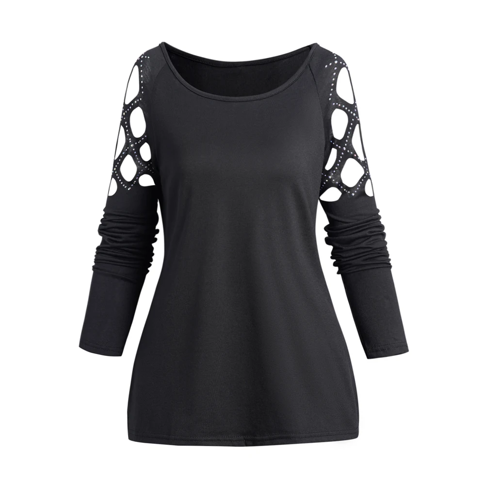 

Autumn New Fashion Women's Clothing Casual Long Sleeve Hoodie Rhinestones Cut Out Top Plain Color Casual Top