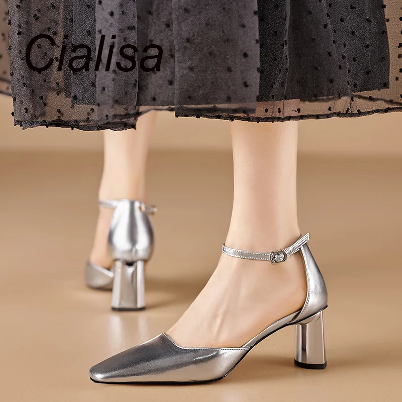 

Женские босоножки на высоком каблуке Cialisa, серебристые сандалии из натуральной кожи с квадратным носком, Классические босоножки с ремешком на щиколотке, лето 2023