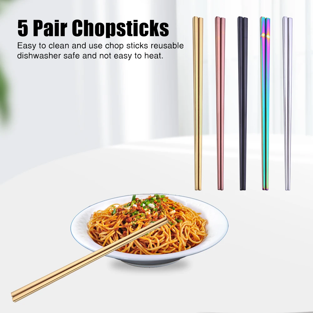 

5pairs Home Kitchen Lightweight Modern Multicolor Stainless Steel Party Easy Clean Gift Square Banquet Reusable Chopsticks Set