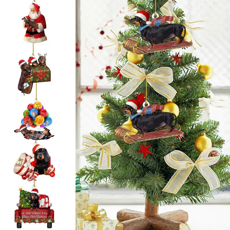 Acrylic Christmas Tree Pendants Sausage Dog Hanging Ornaments Dog Christmas Ornaments Craft Dog Decor For Home Winter Party