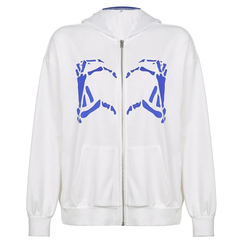 

Women Vintage Long Sleeve Hoodies Jacket Harajuku Skeleton Hand Finger Heart Print Zip Up Sweatshirt Oversized Loose Cardigan