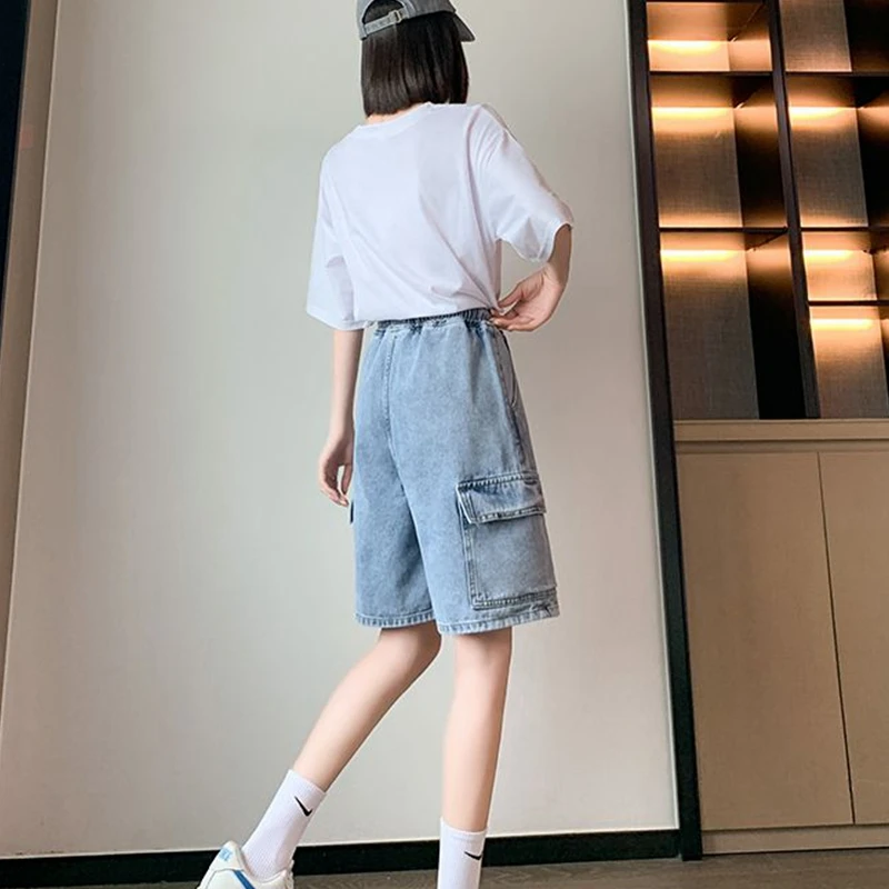 Women Baggy Cargo Wide Long Shorts Jeans High Waist Blue Bermuda Denim Shorts Female Jeans Oversize New Jean Shorts Y2K Womans