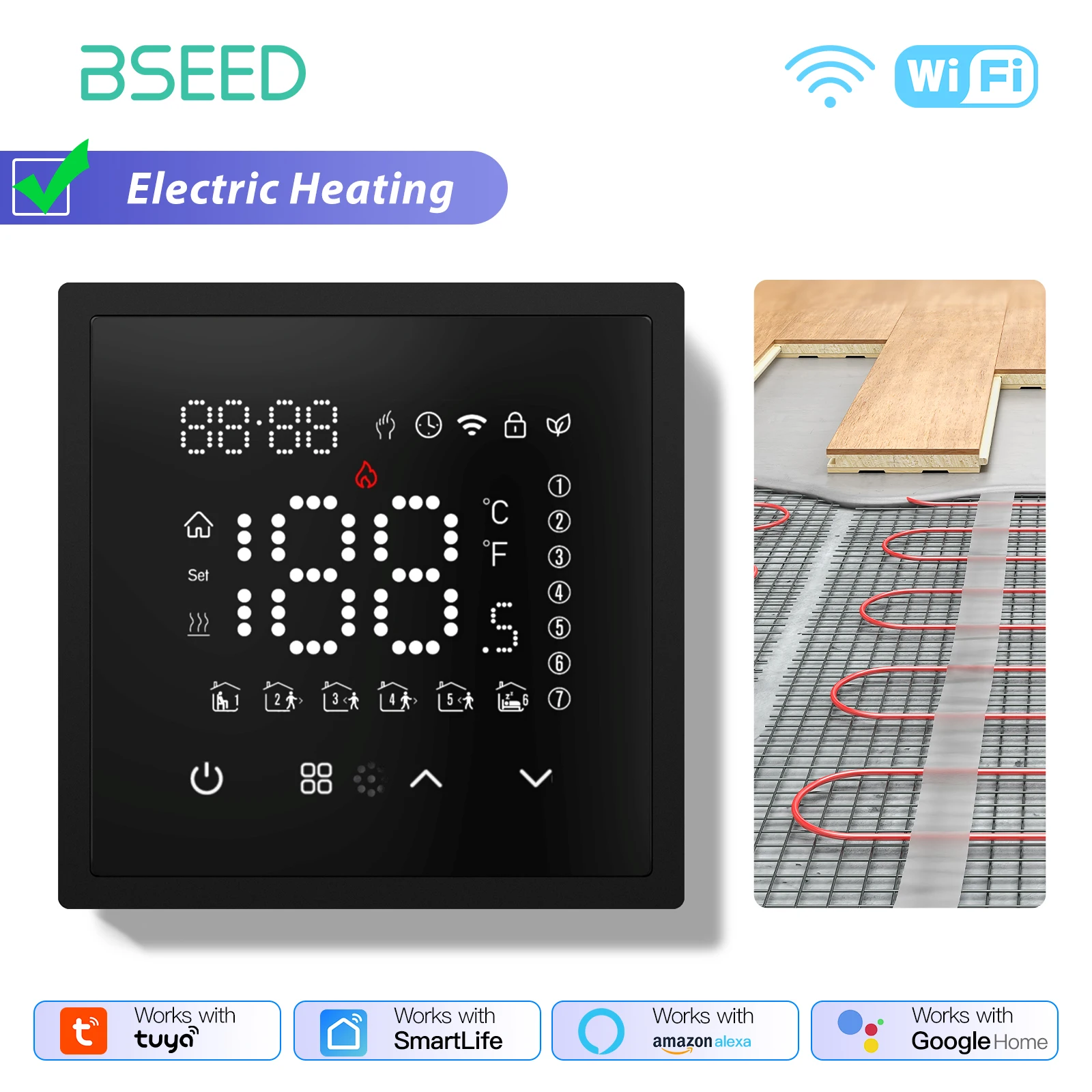 

BSEED WIFI электрический подогрев пола, водяной котел, умный термостат для комнаты, приложение Alexa Google, регулятор температуры, пластиковая рамка